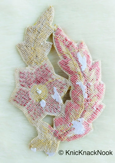 Floral Appliques With Sequins, Zardozi Appliqué Patch In Red And Gold Flowers & Red / Yellow / Coral / Mint Green Leaf Embroidery